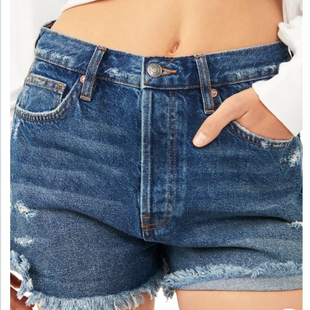 Free People We The Free Lasso Shorts Women's 27 Blue Denim Button Fly Distressed